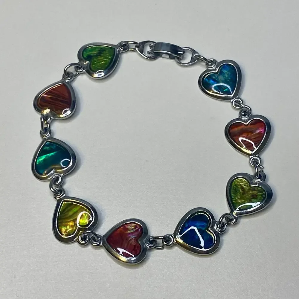 Multi Color Silver Tone Abalone Shell Heart Link Bracelet Vintage Y2K